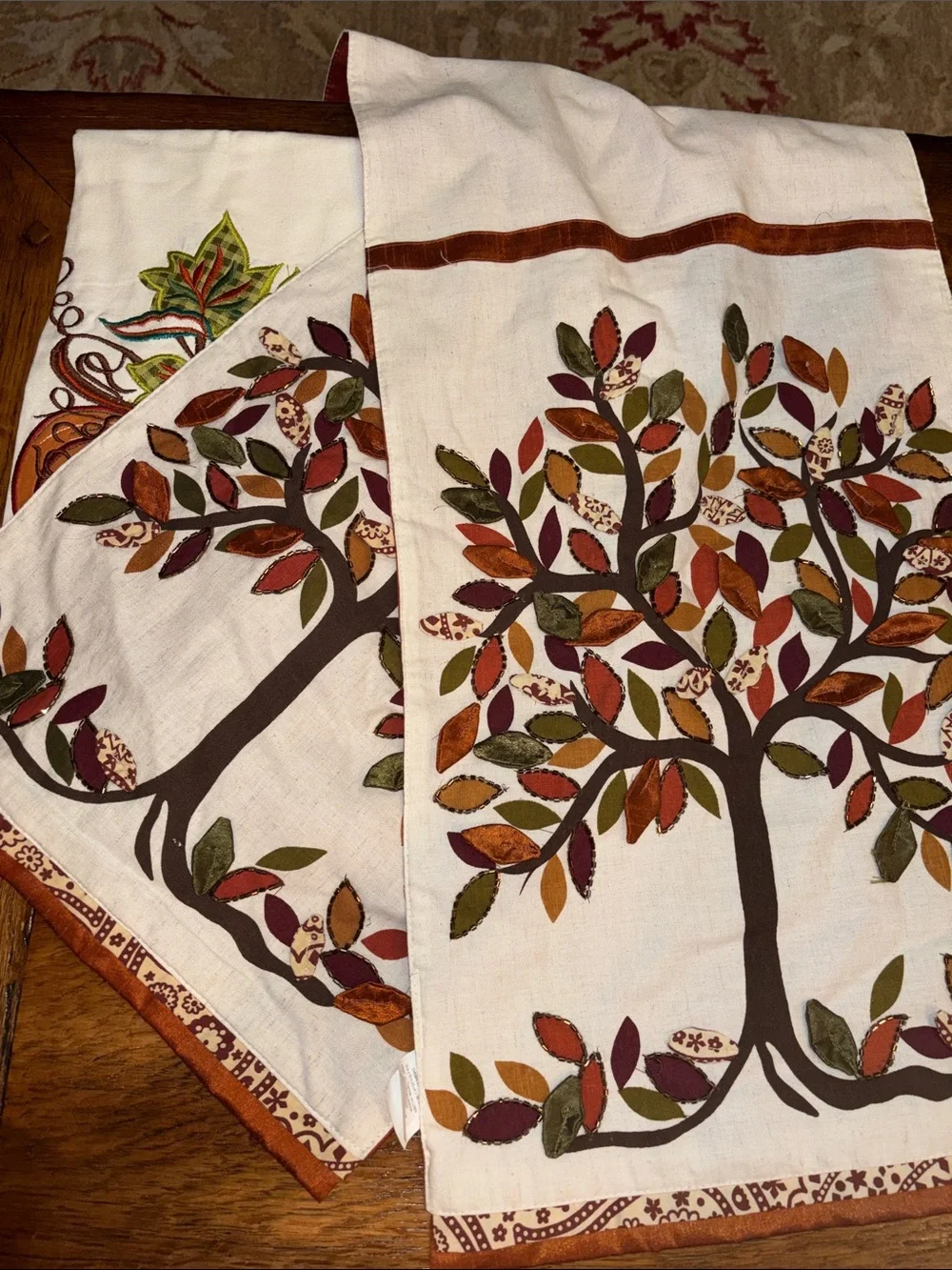 Pier 1 Fall Pumpkin & Tree Kitchen Towels & Table Runner, Orange, Green, Browns